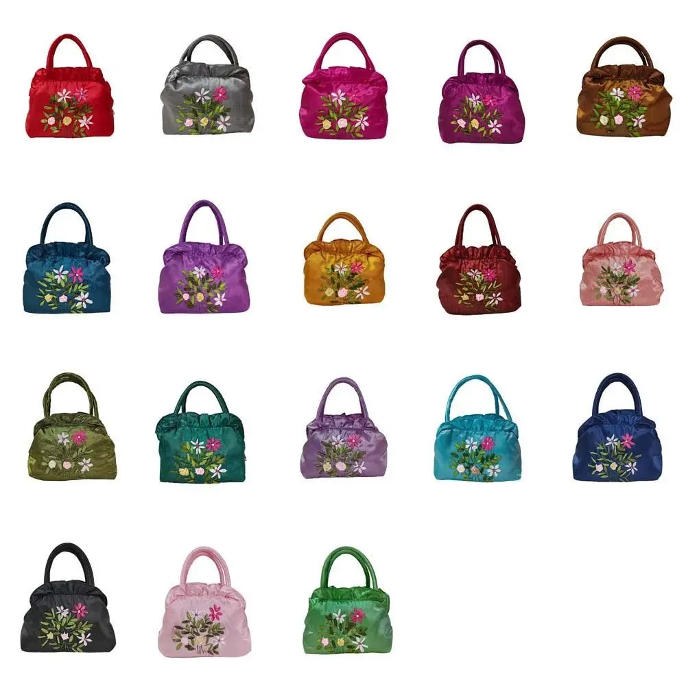 Satin Silk Embroidery Flower Handbag Ruffle Leaf Zipper Flower Wrist Bag Small Purse Wallet Shopping Bag Ethnic Style Tote Bag