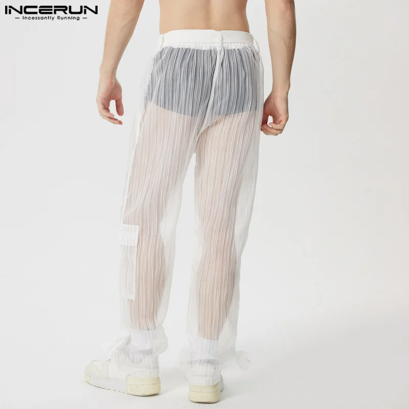 INCERUN Men Pants Mesh Transparent Lace Up Joggers Sexy Striped Casual Trousers Men Streetwear Loose Fashion Long Pants S-5XL