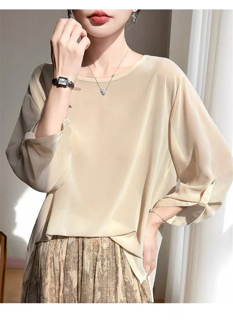 

plus Size Black Chiffon Blouse Sexy See-through Women's Top Thin Spring Summer New 2026 Shirt for Ladies