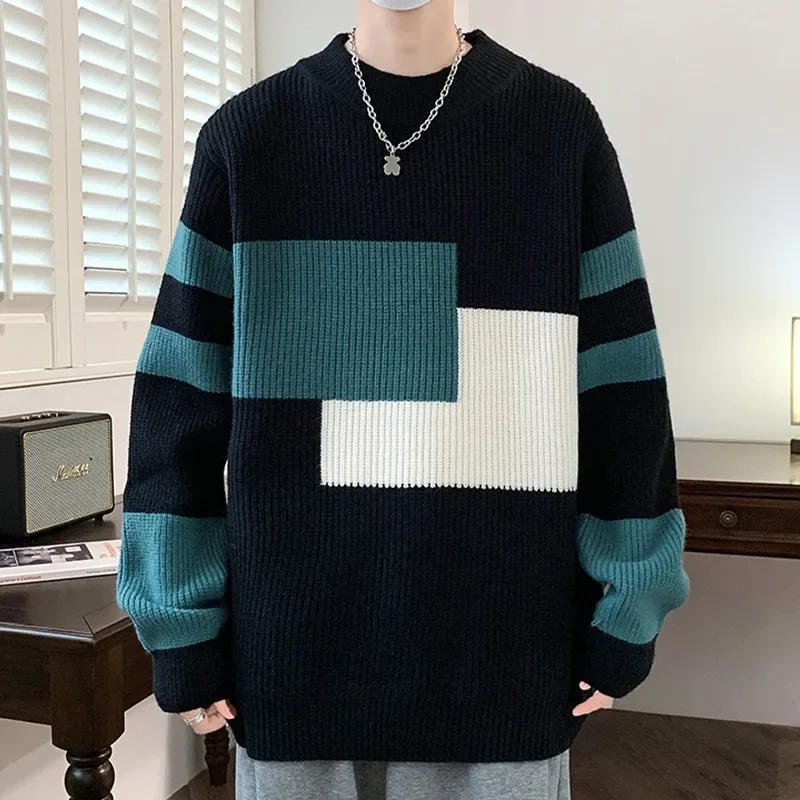 

Men Fashion Patchwork Sweaters Vintage Male Casual Loose Knitwear Autumn Winter Warm Long Sleeve O-neck Pullovers Knitted Tops