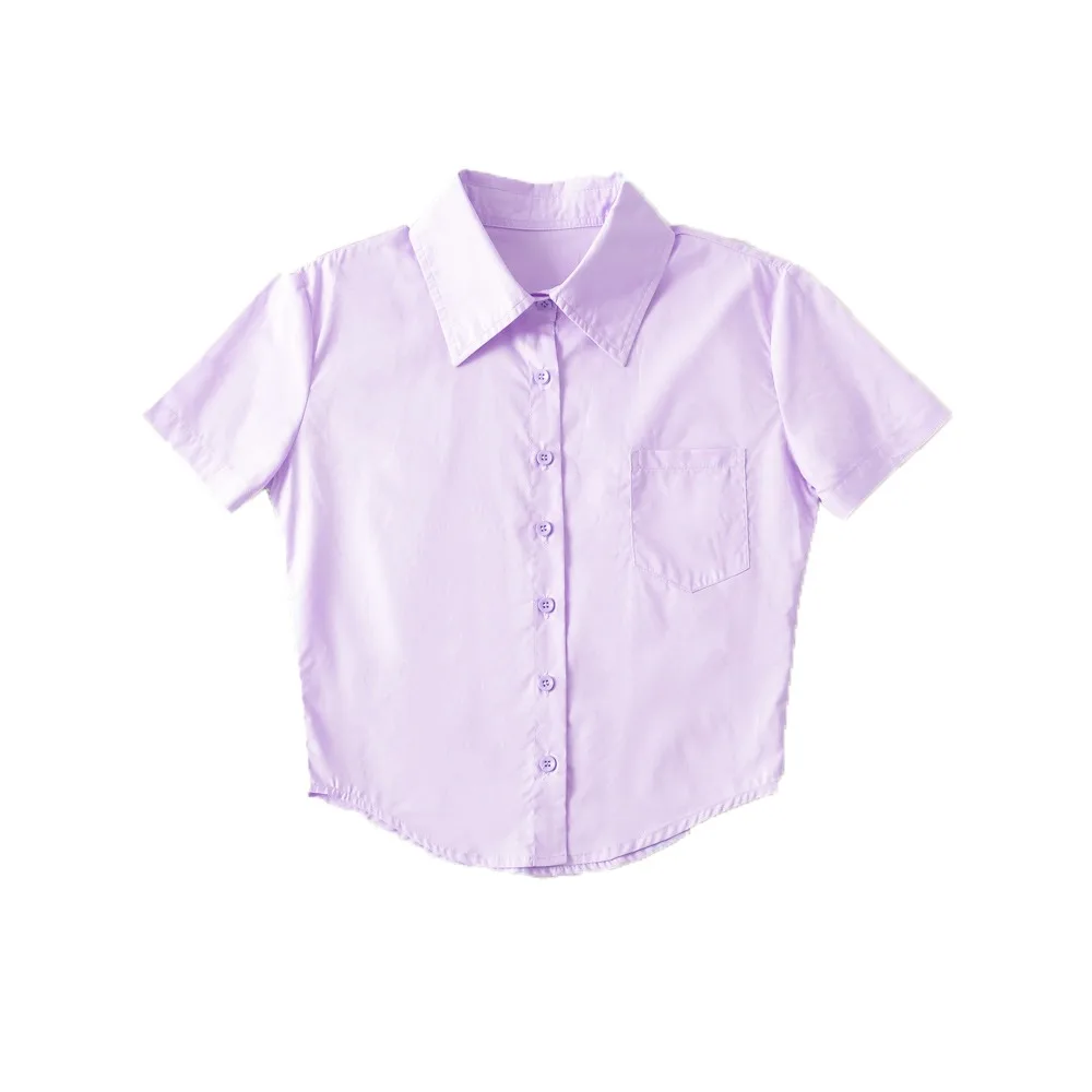 

Korean Style V-neck Short Sleeve Shirts with Pocket Button Up Slim Blouse Women Streetwear Crop Top Sweet Girls Shirts Female