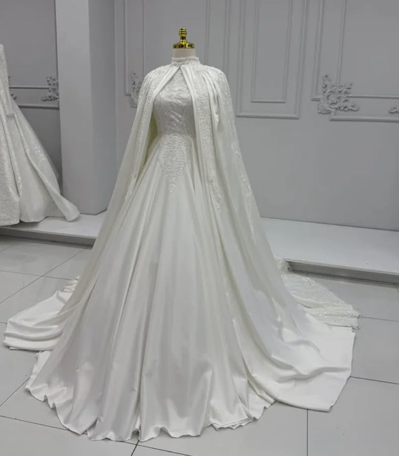 Luxury Muslim Princess Wedding Dresses with Cape Wrap High Neck Long Sleeve Caftan Kaftan Bride Garden Outfit Customsized