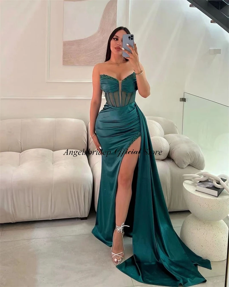 customized p Mermaid Satin Evening Dresses Sexy Side Split Beaded Formal Prom Gowns Sweetheart Vestidos Para Eventos Especiales