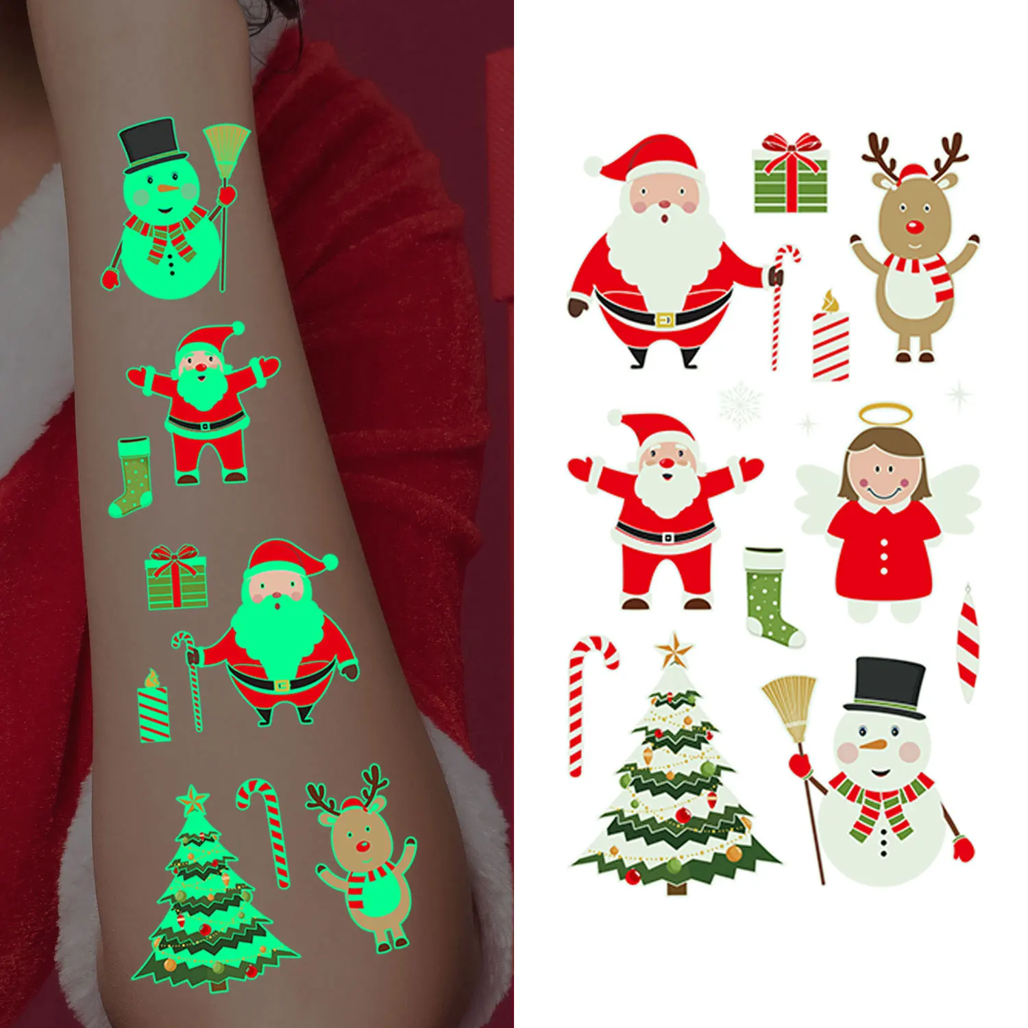 10 ورقات من 92 ملصقات وشم مضيئة بنمط سلسلة عيد الميلاد الكرتونية، وشم مؤقت يتوهج في الظلام، أنماط عنصر عيد الميلاد سانتا كلوز رجل الثلج الأيائل لتزيين عيد الميلاد، ملصقات وشم وهمية واقعية لتزيين عيد الميلاد، مناسبة كهدايا عيد الميلاد