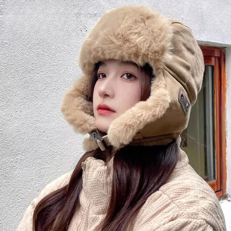Unisex Cotton Winter Trapper Hat, Thick Plush Earflap Aviator Cap, Windproof Cold Resistant Trooper Hat with Decor Chain