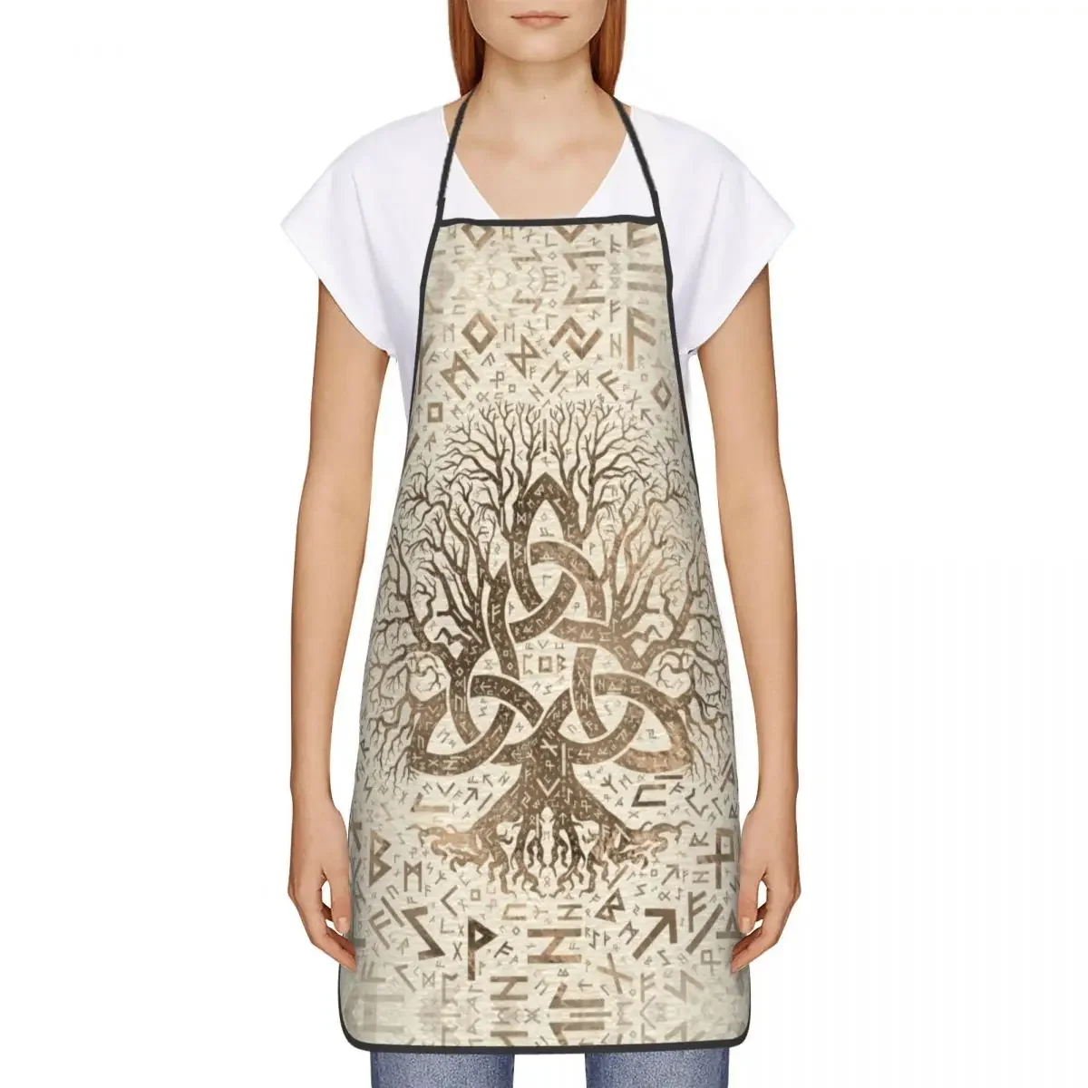 Tree Of Life With Triquetra And Futhark Pastel Gold Apron Women Men Unisex Bib Viking Norse Kitchen Cooking Tablier Cuisine Chef