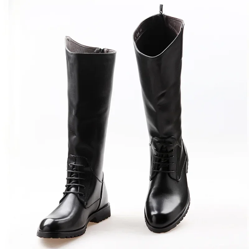 Fashionable and casual high top leather boots with a zipper at the back men's denim boots with long sleeves knight riding boots