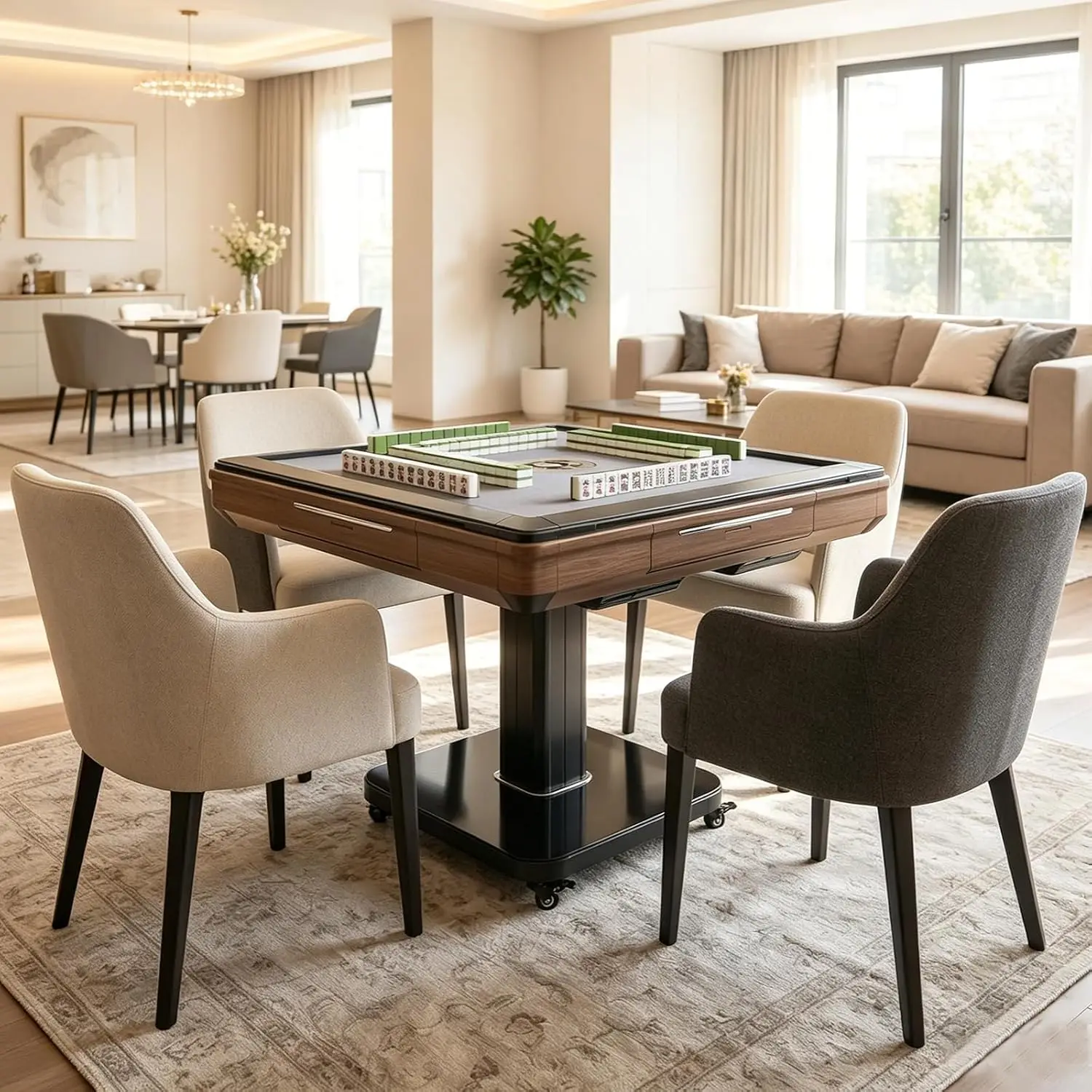 Automatic Mahjong Table, 2 Set Chinese & American Style 42mm Numbered Magnetic Tiles, Foldable - Saving Space, 4, Customized