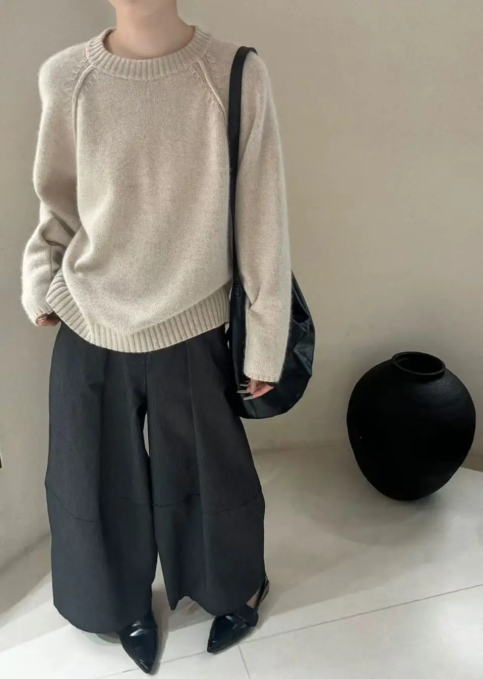 Maglione lavorato a maglia di lana pullover tinta unita girocollo da donna con trama ampia, morbida e morbida, maglione base casual e semplice