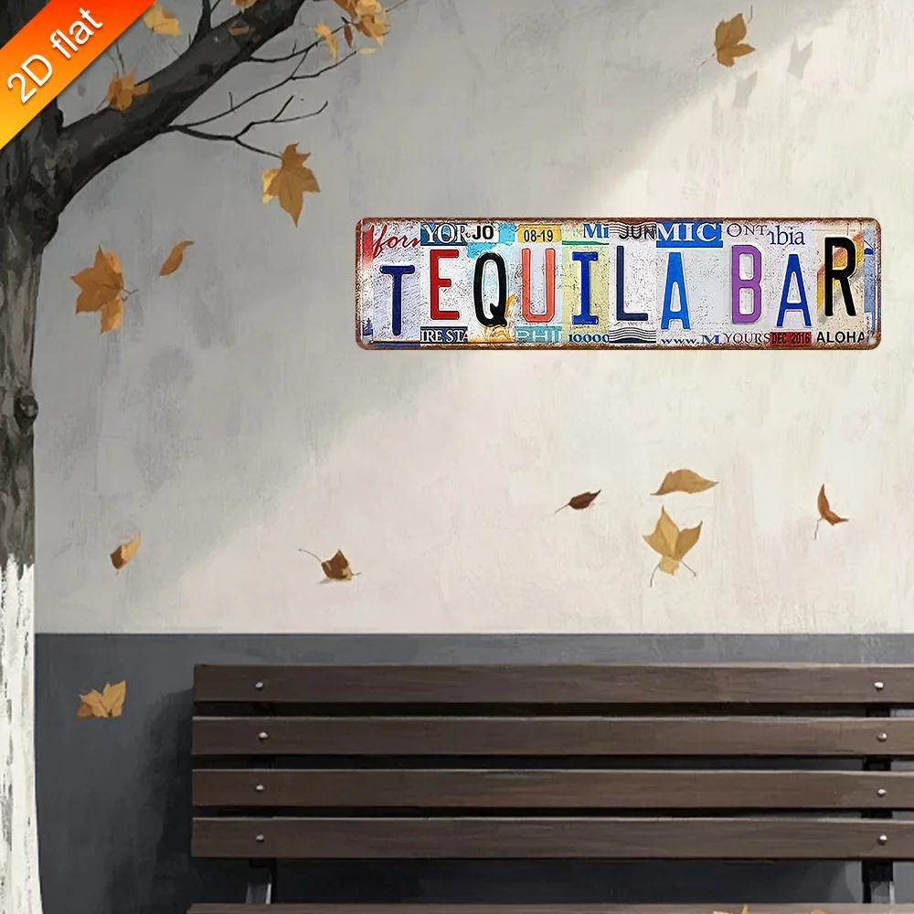 2D Flat, 1pc Vintage Tequila Bar Metal Sign - Retro Mexican License Plate Design with Tequila Brands Outdoor Decoration for Home