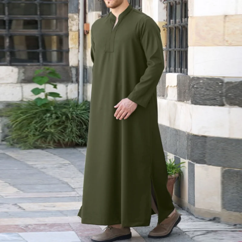 

Men Muslim Shirt Robe Stand Collar Long Sleeve Islamic Arab Kaftan Streetwear Saudi Arab Thobe Indian Dress Robes Blouse