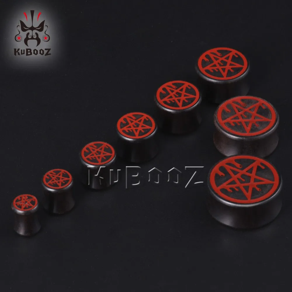 KUBOOZ Fashion Wood Red Pentagram Ear Tunnels Gauges Expanders Plugs Piercing Body Jewelry Earring Stretcher 2PCS