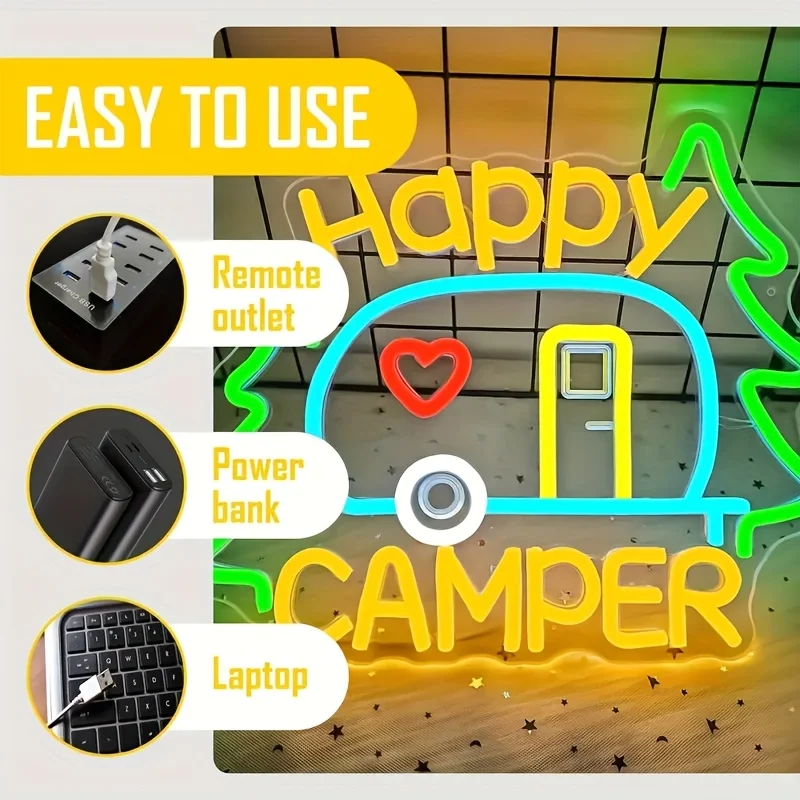 Happy Camper Neon Sign USB Powered Camping Neon Logo Wall Decor for Camping Campsite Decor Great Gift for Camping Enthusiasts