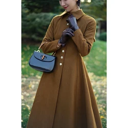 86-94cm Bust Fall Winter Wool Coat Women Vintage Hepburn Style Elegant Slim Single Breasted Cloak Jackets Long Woolen Coats