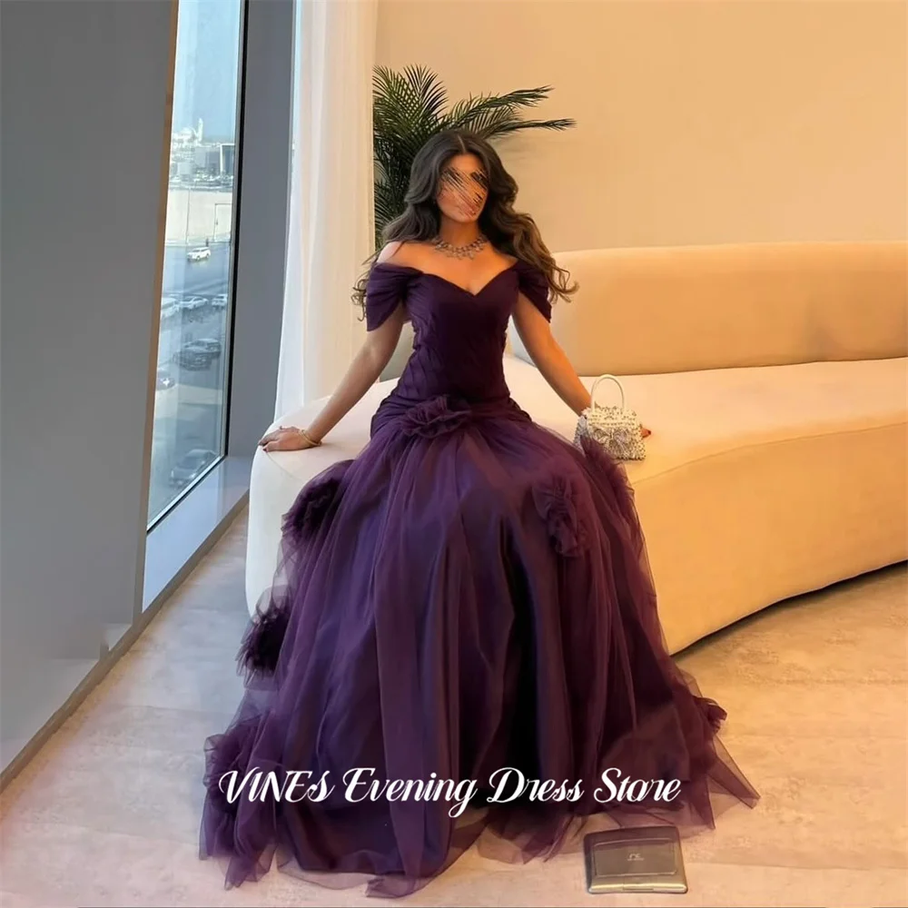 

VINES Purple Elegant Formal Gown Off Shoulder Prom Dresses with Floral Tulle Evening Dress Floor Length Modern Style Customized