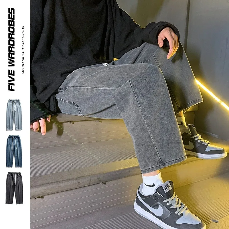 

Американские свободные джинсы с прямыми штанинами, мужские весенне-осенние модные брендовые гонконгские джинсы с эластичной резинкой на талии, повседневные свободные джинсы...