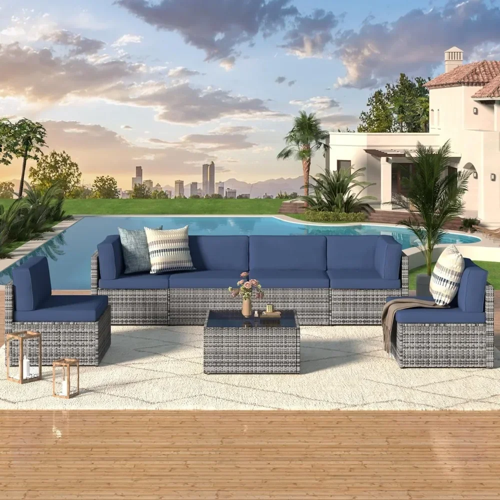 

7 Piece Outdoor Patio Furniture Set, PE Rattan Outdoor Grey Wicker Furniture, Outdoor Sectional Furniture Chair Set with Cushion