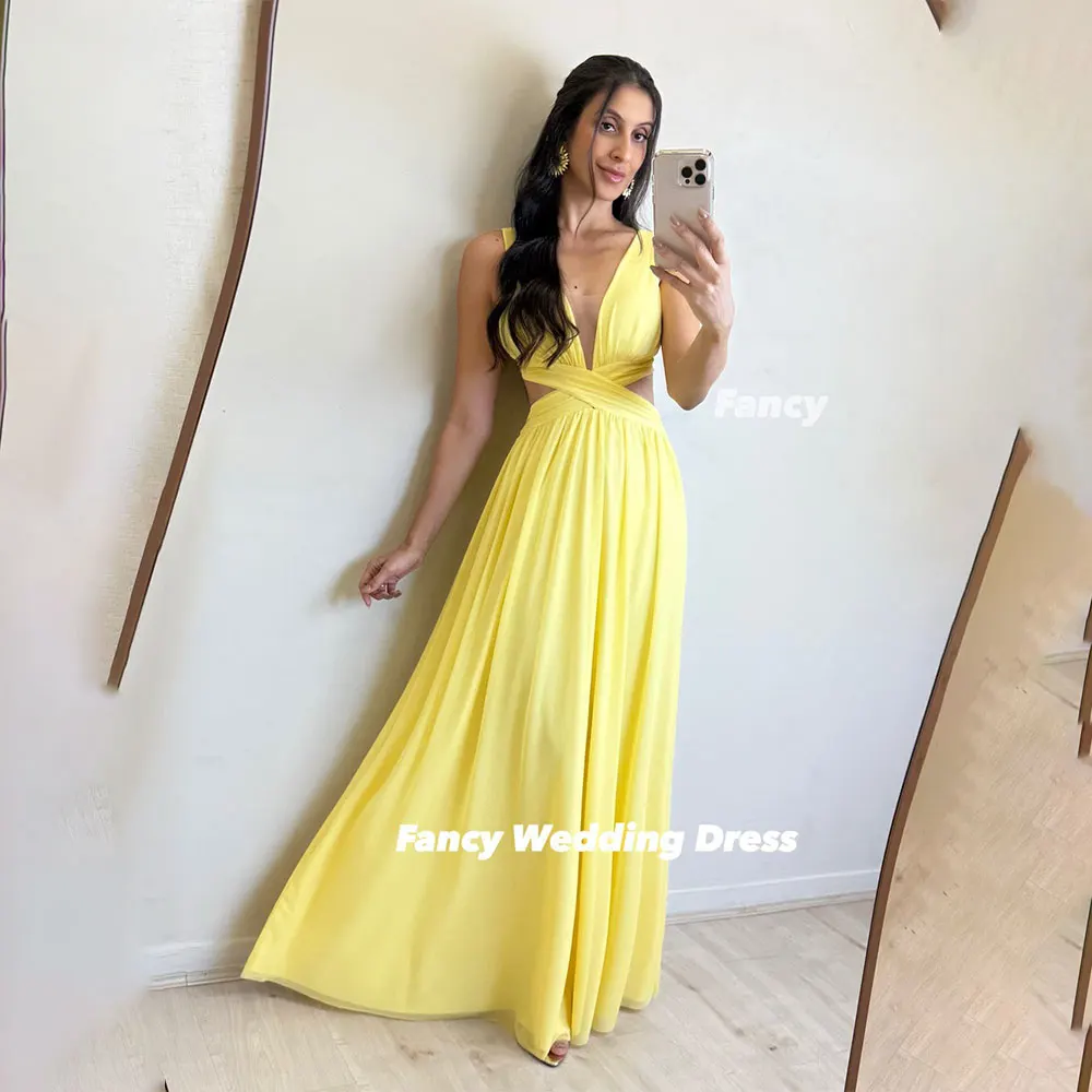 

Fancy Elegant V Neck Wedding Party Engagement Dresses A Line Chiffon Prom Gown Sleeveless Back Zip Customized