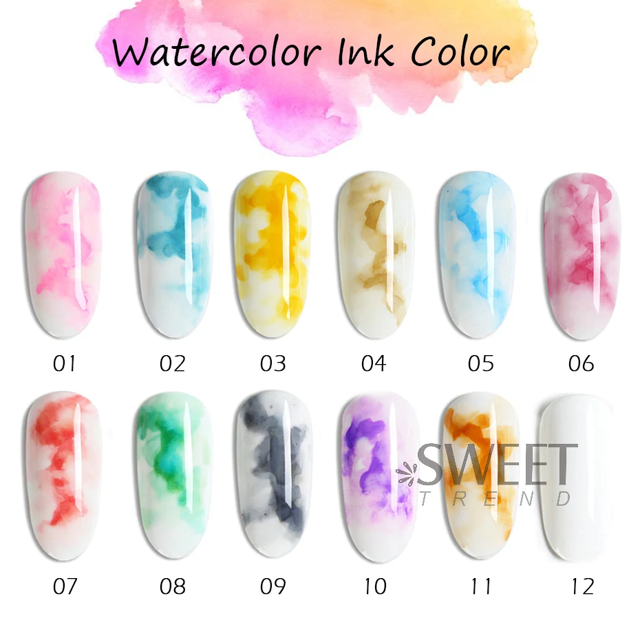 12pcs Smudge Blooming Nail Gel Polish Watercolor Ink Soak Off Varnish Marble Bubble Designer Charm Blossom Flower Manicure Decor