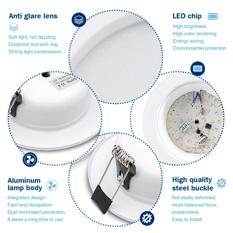 Spot Lumineux LED Circulaire Encastrable pour le Plafond, Éclairage d'Nik, 110V, 220V, 5W, 9W, 12W, 15W, 18W, DC 12V, 24V, 10 Pièces