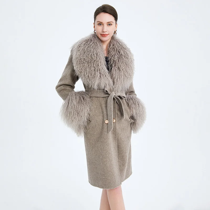 Lady Autumn Winter Wool Coats Fashion Mongolian Fur Overcoat Women Natural Fur Trench Coat QN5407