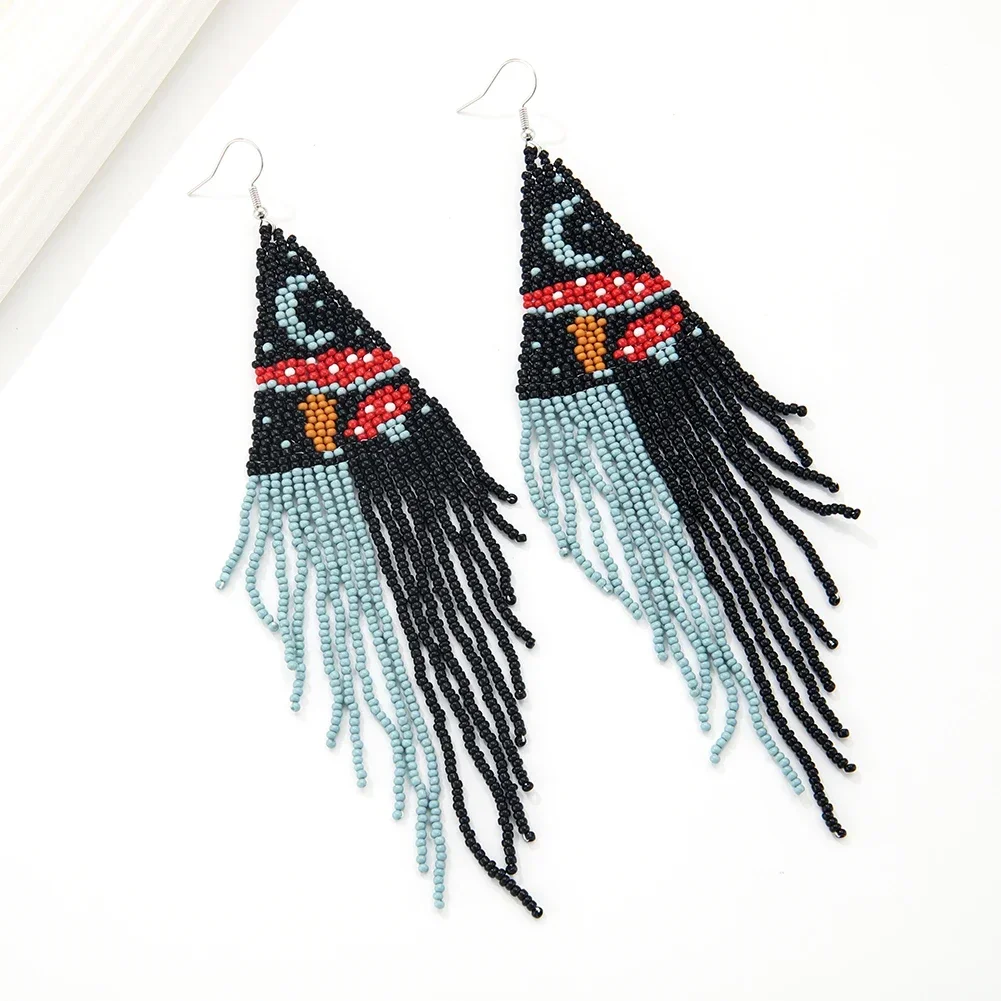 

ZGMXR Vintage Moon Beaded Earrings for Women Creative Tree Hand Knitting Bohemia Alloy Tassels Personalized Rice Bead Jewelry