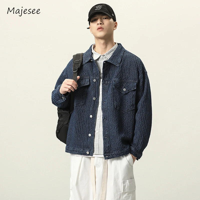 Pleated Denim Jackets Men Solid Turn-down Collar Hipster Japanese Style Teenagers Stylish Hip Hop Youthful Vitality Autumn Retro