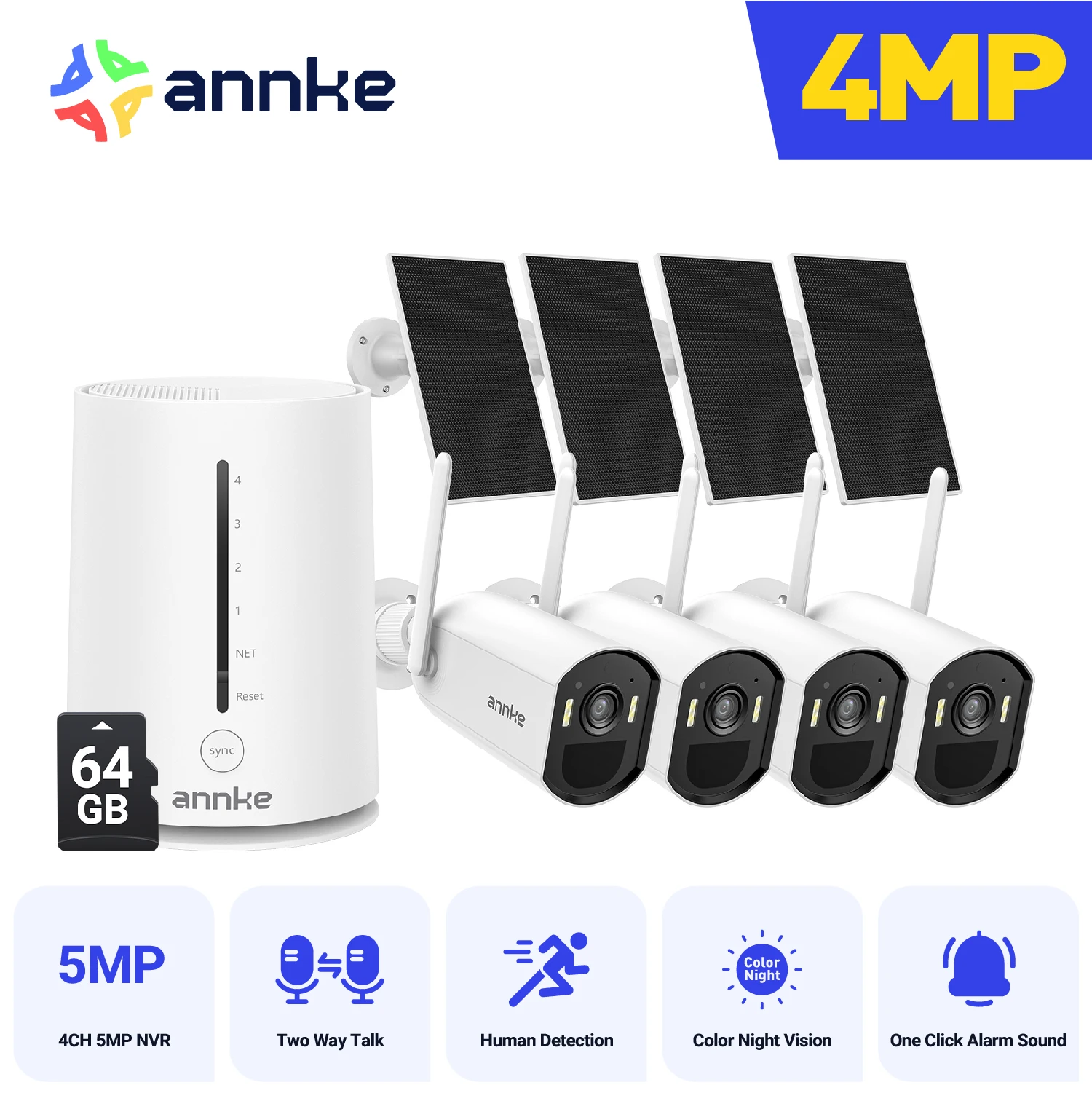 ANNKE Telecamera di Sicurezza Wireless 4MP Alimentata a Energia Solare per Esterni IP65, NVR 4CH, Visione Notturna a Colori 4mm, Audio Bidirezionale, 