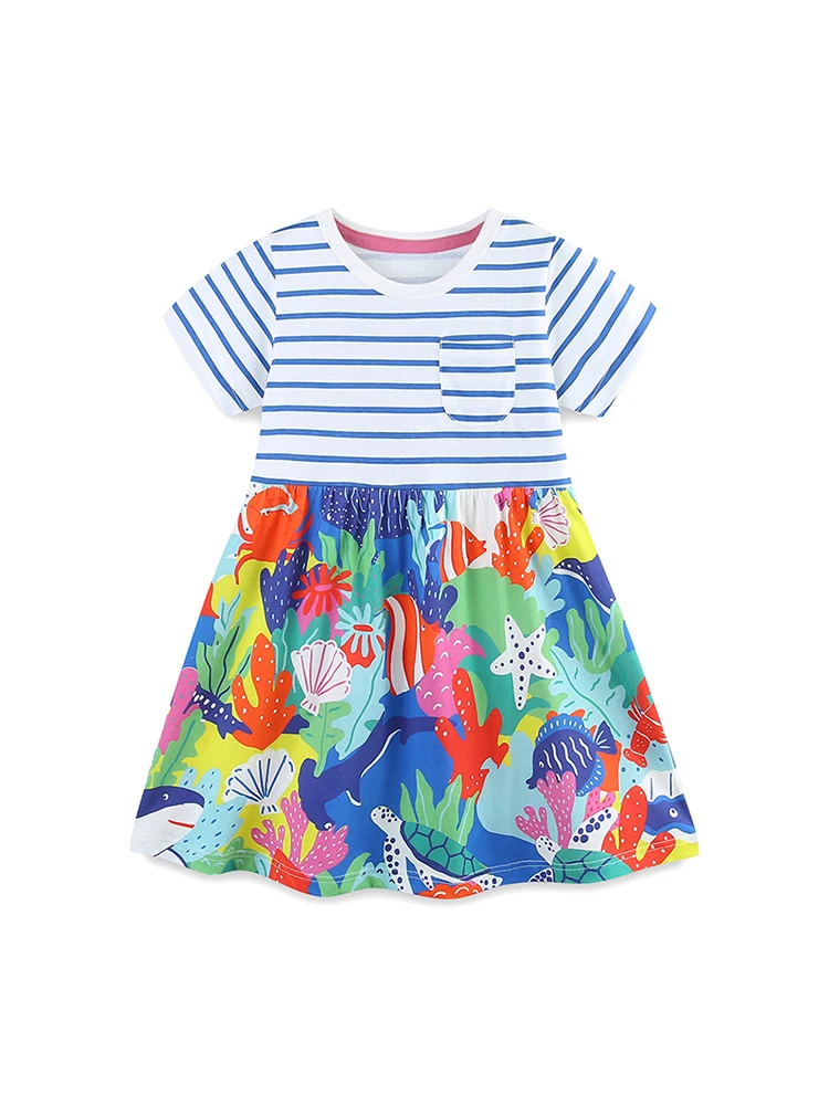 Little maven Summer Casual Striped Kids Clothes Vestidos Baby Girls Cartoon Sea World Blue Dresses Cute Girls Princess Dresses