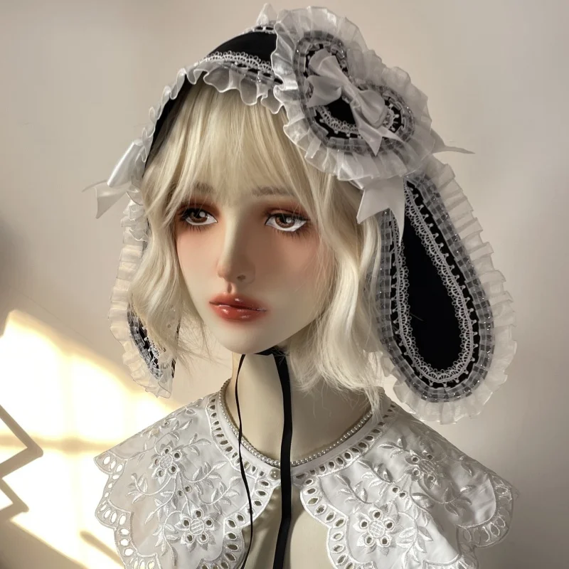 2025 New Gothic Handmade Harajuku Lolita Rabbit Ears Headband Y2K Cute Heart Bow Headband Cosplay Lace KC Headwear for Girl