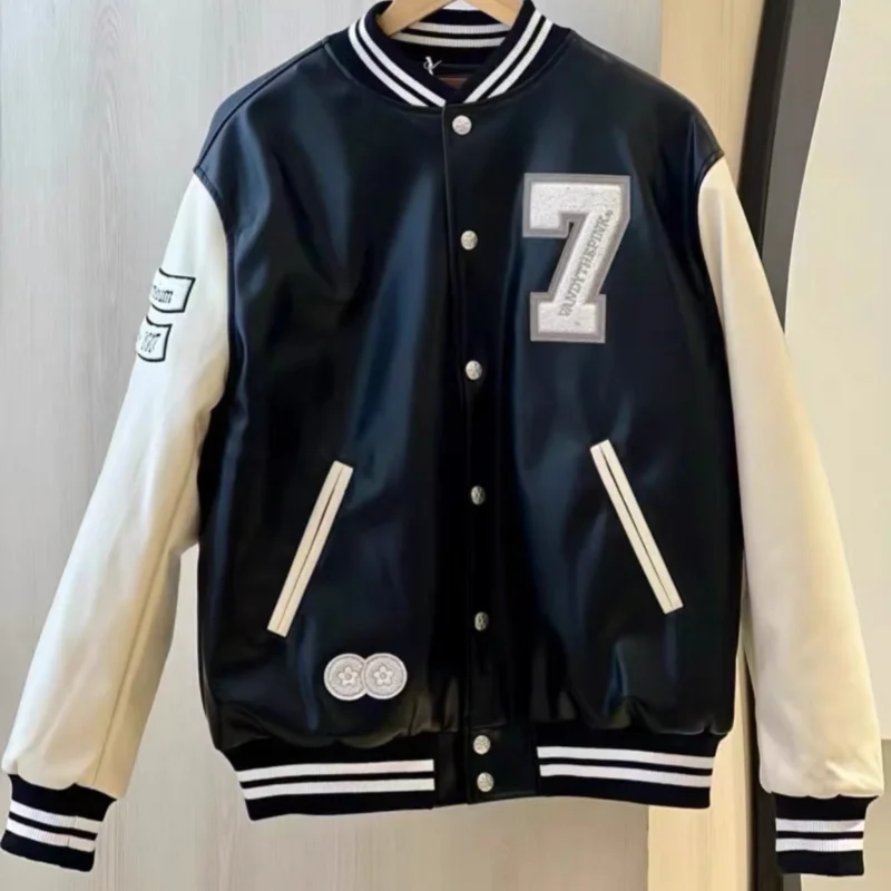 

25ss Men Women Winter Balck Vandythepink Jacket Towel Embroidered NO. 7 Flower PU Splicing Leather Coats Street Baseball Uniform
