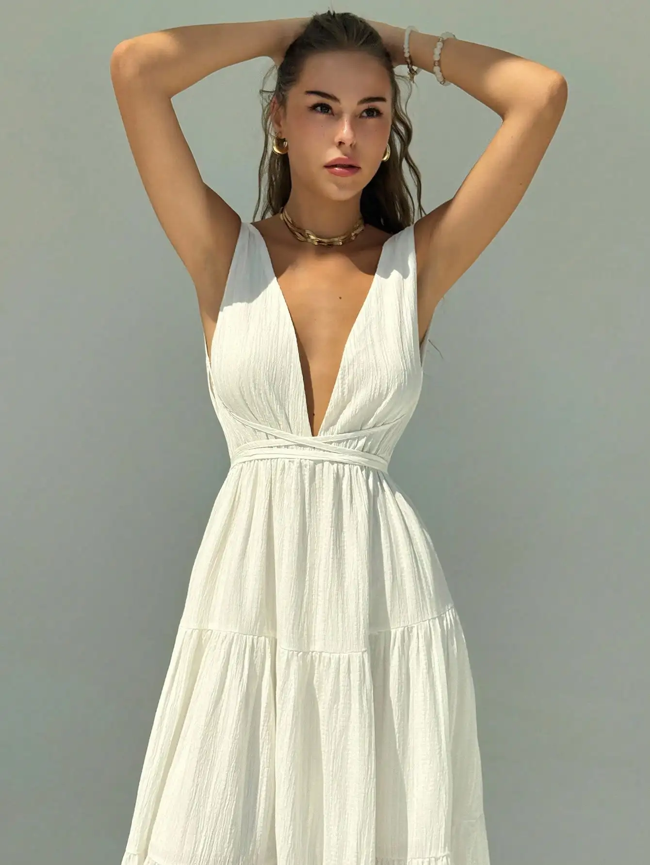

White Deep V-Neck Tie Waist A-Line Tiered Ruffle Maxi Dress
