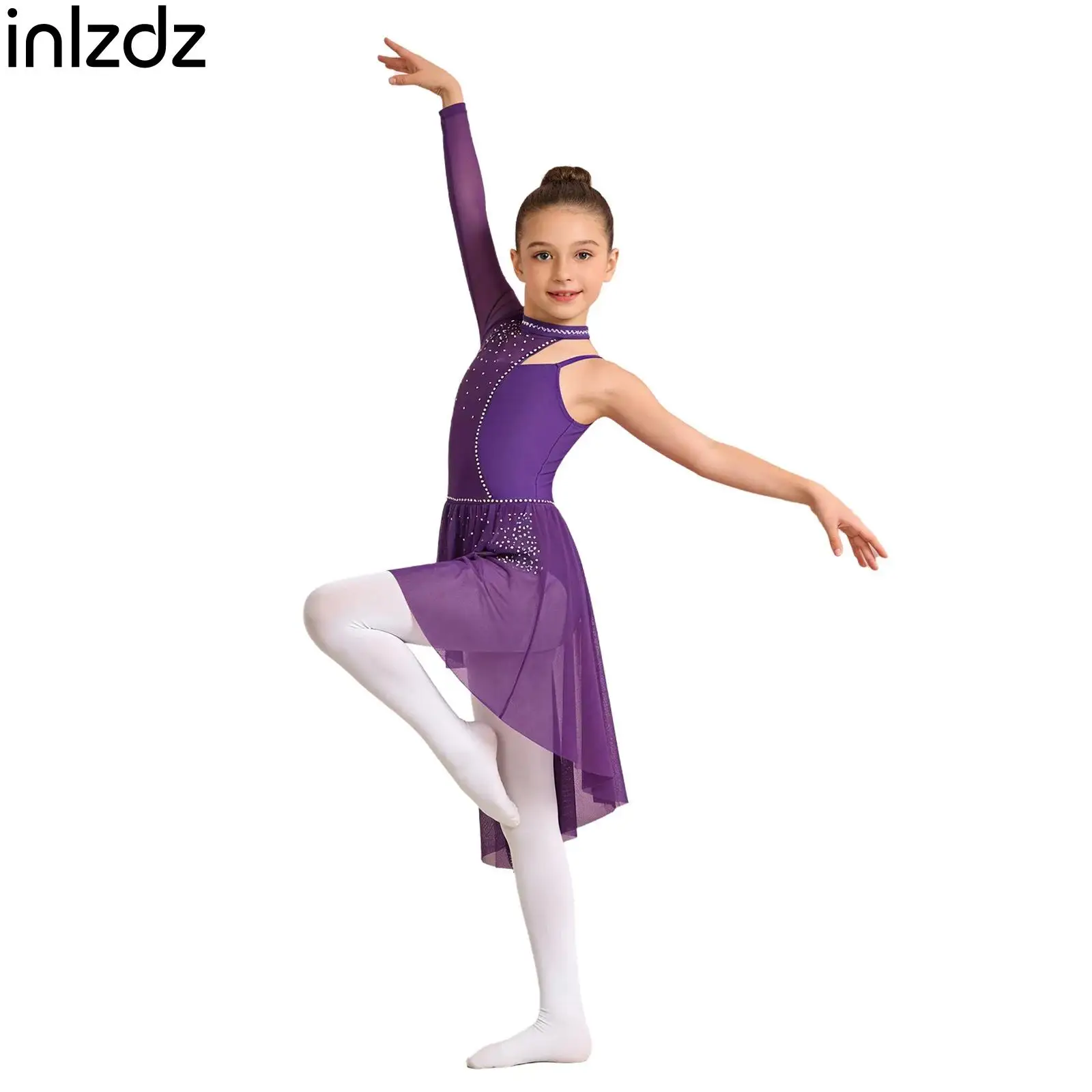 

Kids Girls Figure Skating Dance Ballet Dress Lyrical Ballet Latin Dance Dress Single Long Sleeves Rhinestones Asymmetrical Dress