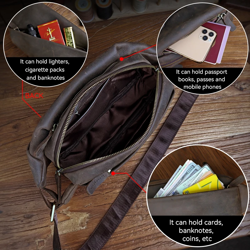 Men\'s Genuine Leather Sling Bag Retro Shoulder Bag Messenger Bags For Male Cowhide Chest Bag Crossbody Pocket Business Travel