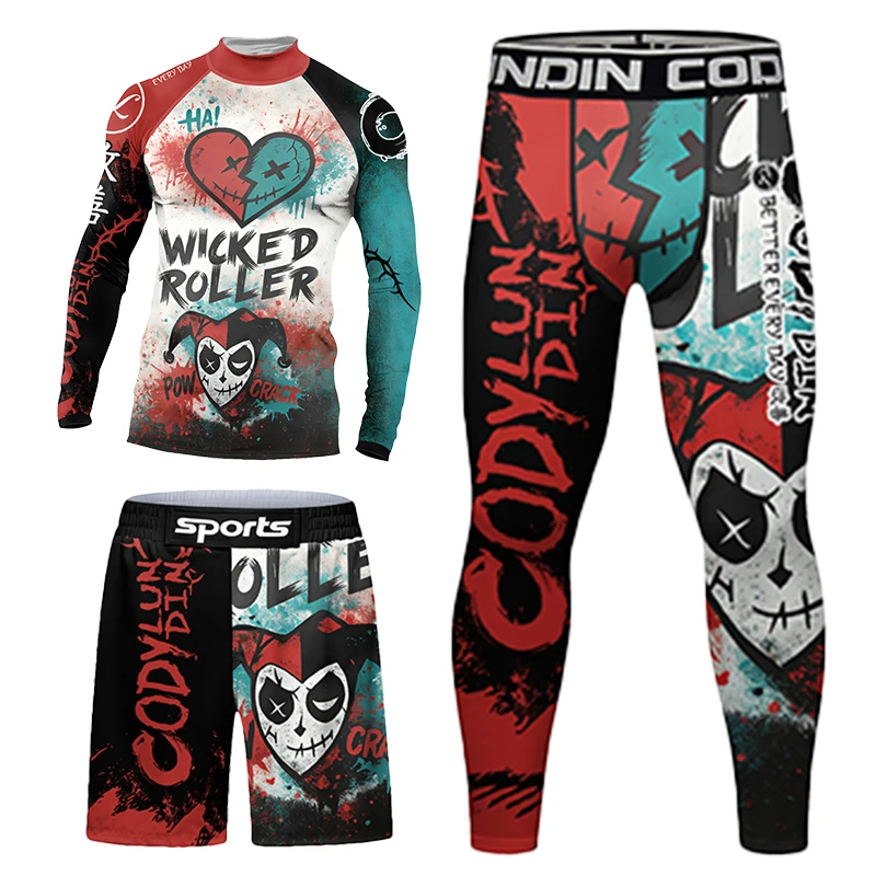 BJJ No Gi Rashgrauds البرازيل جيو جيتسو طباعة عالية الجودة MMA طفح الحرس 4 قطعة مجموعات المضادة للتجاعيد مرونة عالية ملابس للرجال