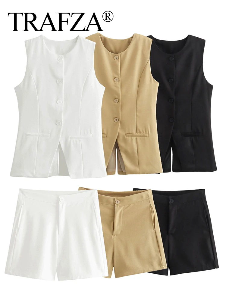 TRAFZA Summer Suits Woman Trendy Soild O-Neck Sleeveless Pockets Single Breasted Vests+High Waist Zipper Shorts Female Chic Set