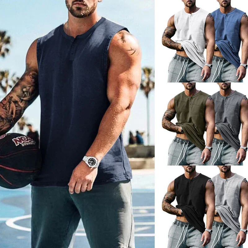 

Мужской жилет с воротником Генри, летняя мужская повседневная майка, спортивный топ без рукавов, хлопковый однотонный мужской костюм с цветочным принтом для фитнеса