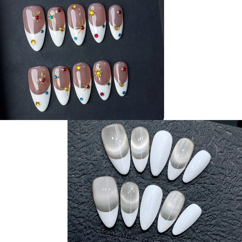 10 Stück handgemachte Nägel zum Aufdrücken, französisches Katzenauge, Glitzer, weiß, schlichtes Diamant-Dekor, künstliche Nägel, tragbar, vollständige Abdeckung, Mandel-Nagel ﻿ ﻿