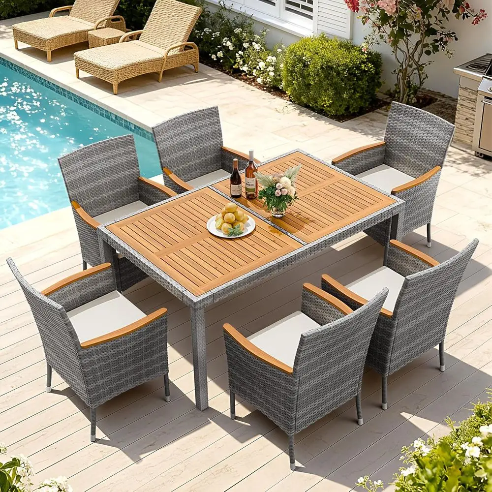 

Dining 7 PCS urniture, Patio Contion Set with Acacia Wood Table Top, Outdoor, Beige Cushion and Grey Rattan