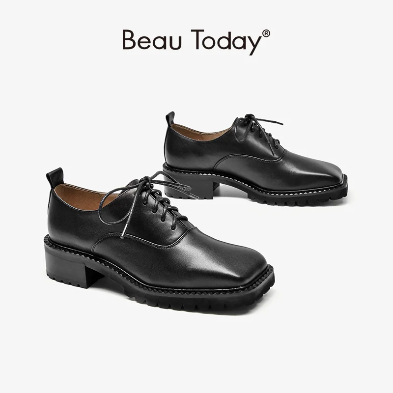 

BeauToday Platform Shoes Women Genuine Cow Leather Square Toe Sewing Design Cross Tied Ladies Casual Shoes Handmade 21851