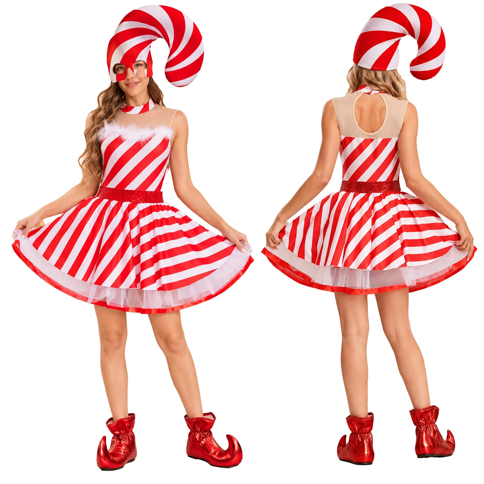 Women Christmas Party Dance Dress Xmas Santa Elf Cosplay Costume Sleeveless Candy Cane Striped Tutu Dresses with Hat Shoe Covers