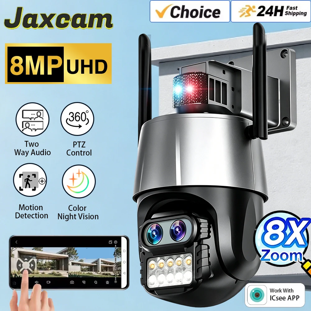 

8MP PTZ WIFI Camera Dual-Lens 8X Zoom Two-Way Audio Waterproof Outdoor 4K ICSEE Surveillance Wireless IP Camera