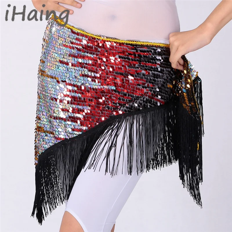 Dames Pailletten Glanzende Buikdans Hippe Sjaal Mini Rok Feest Carnaval Podium Voorstelling Rave Riem Tailleketting Wrap Indain Costum