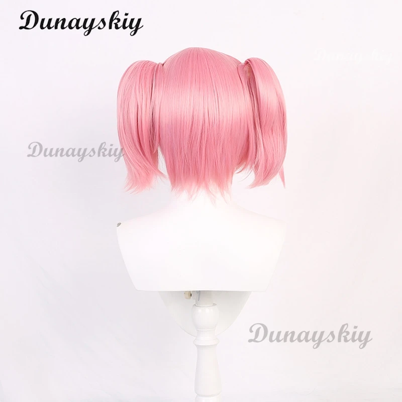 Puella Magi Madoka Magica Madoka Kaname Cosplay Wigs Pink Short 2 Clip Ponytails Heat Resistant Synthetic Hair Wig + Wig Cap