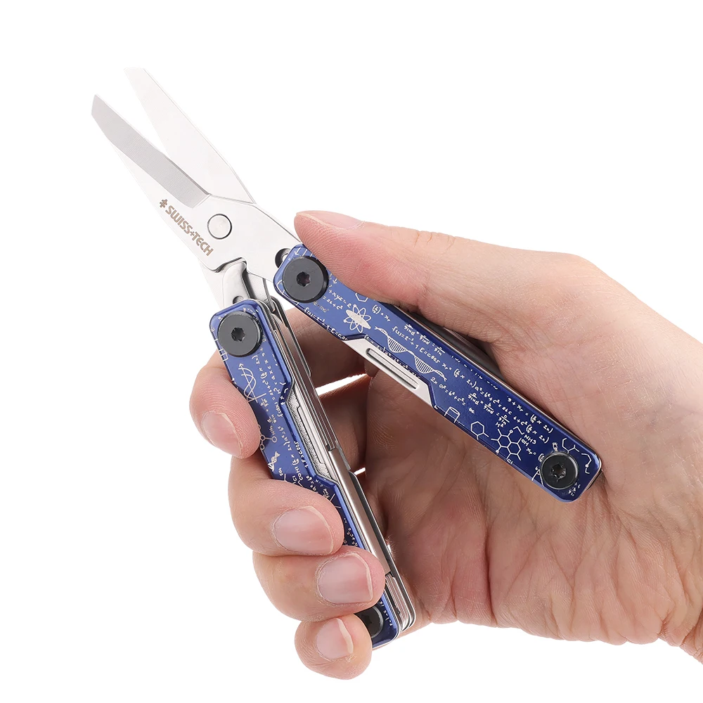 Imagem -05 - Swiss Mais Tech-portátil Spring-action Tesoura Bolso Edc Multitool com Faca Dobrável Ferramentas Manuais de Acampamento ao ar Livre Box Cutter 12 em 1