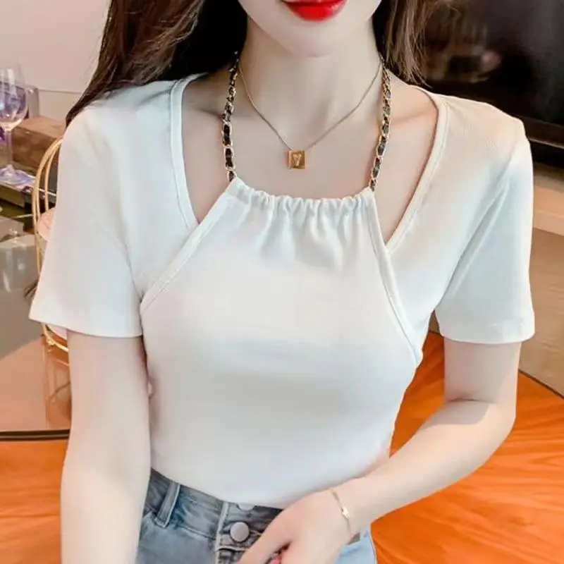 Top Female Slim Sexy Summer Outfit Short Sleeve Coquette Clothes Women\'s T-shirt Plain Cheap Korean Reviews Many Popular Yk2 Emo