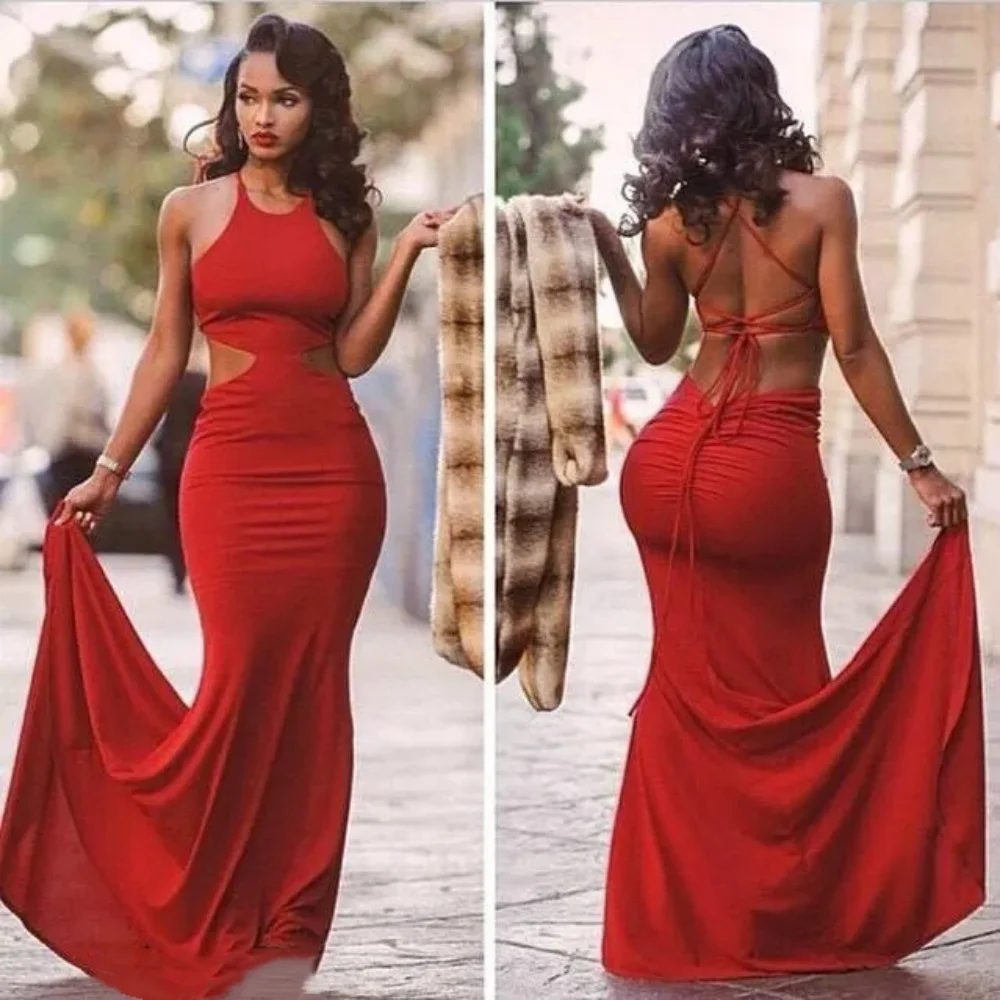 

Red Vestido De Festa Sheath Slim Mermaid Prom Evening Dress Sexy Halter Neck Backless Long Dress For Women Formal Occasion Dress