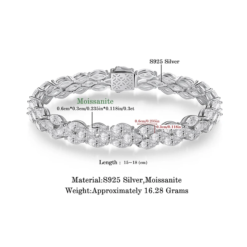 925 Sterling Silver Marquise Moissanite Tennis Bracelet for Women Jewelry Plated 18k White Gold Party Sparkling Bracelets Gift