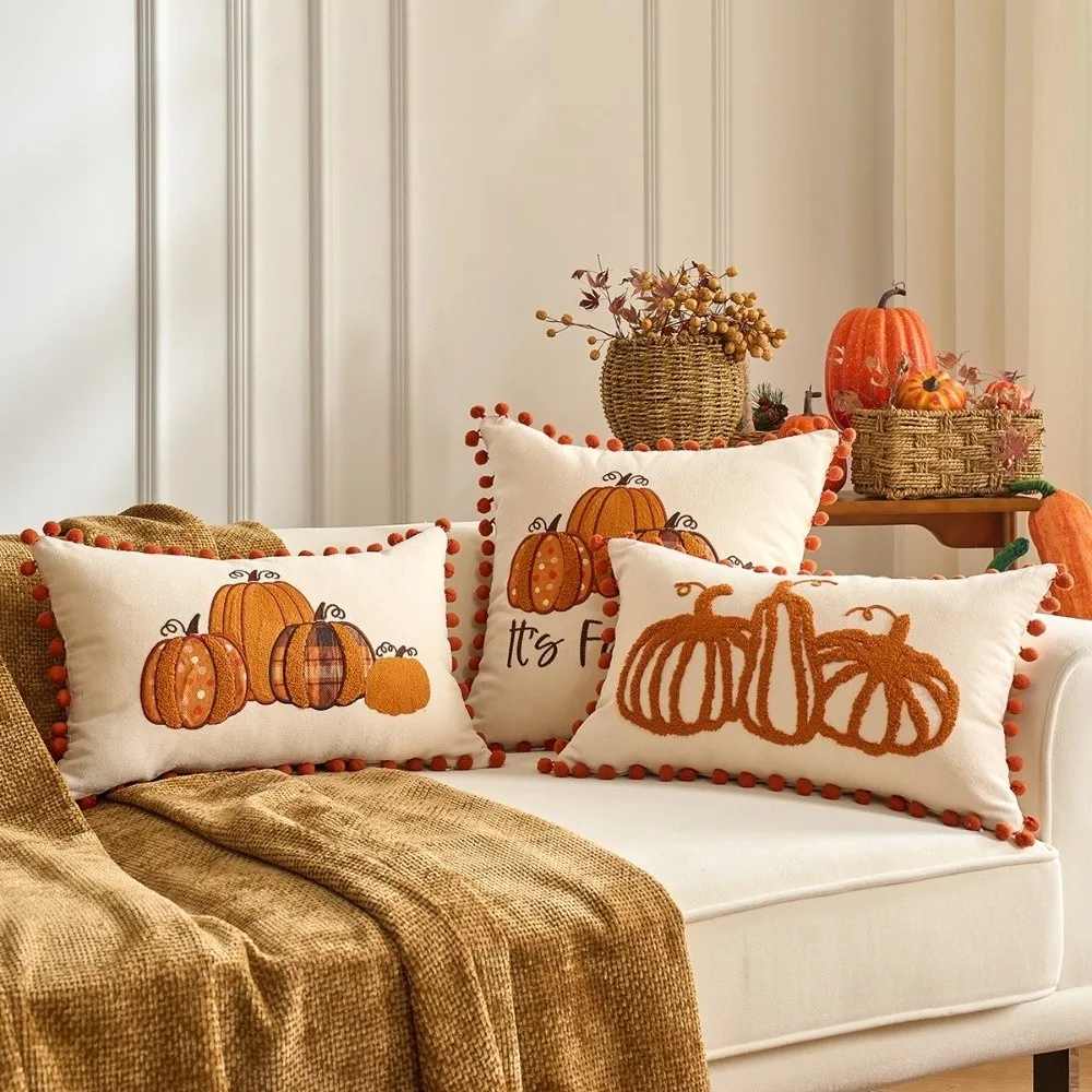 New Pumpkin Tufted Throw Pillow Cover Maple Leaves Soft Autumn Pillowcase Rustic Style Square Cushion Cover Fall Decor