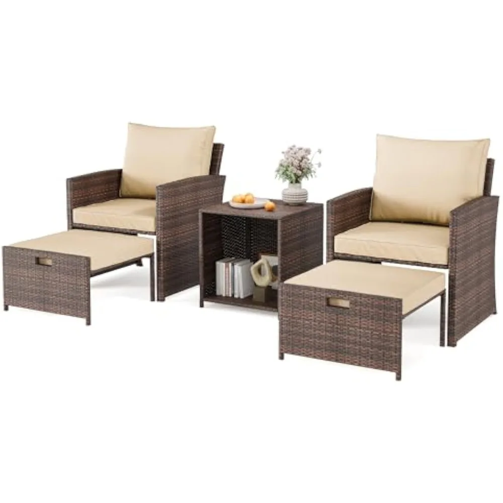 

5-Piece High Back Patio Conversation Set with 2 Ottomans and Table, All-Weather PE Rattan Lounge Chairs with Soft Cushions, Perf